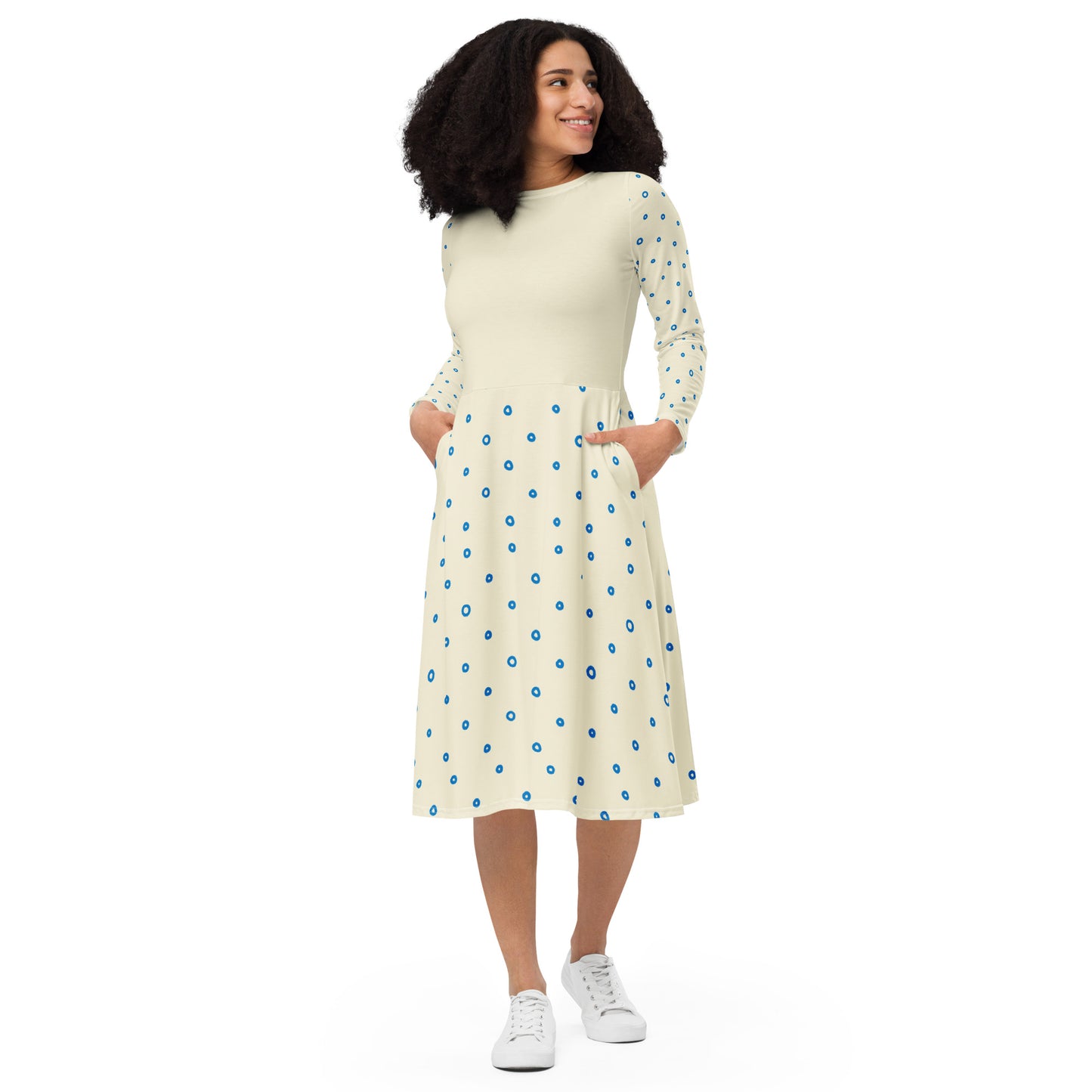 White Apricot Blue Dot Long Sleeve Dress